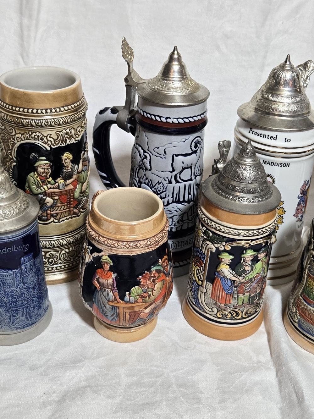Assorted German-Style Ceramic Beer Steins with Pewter Lids - Multicolor
